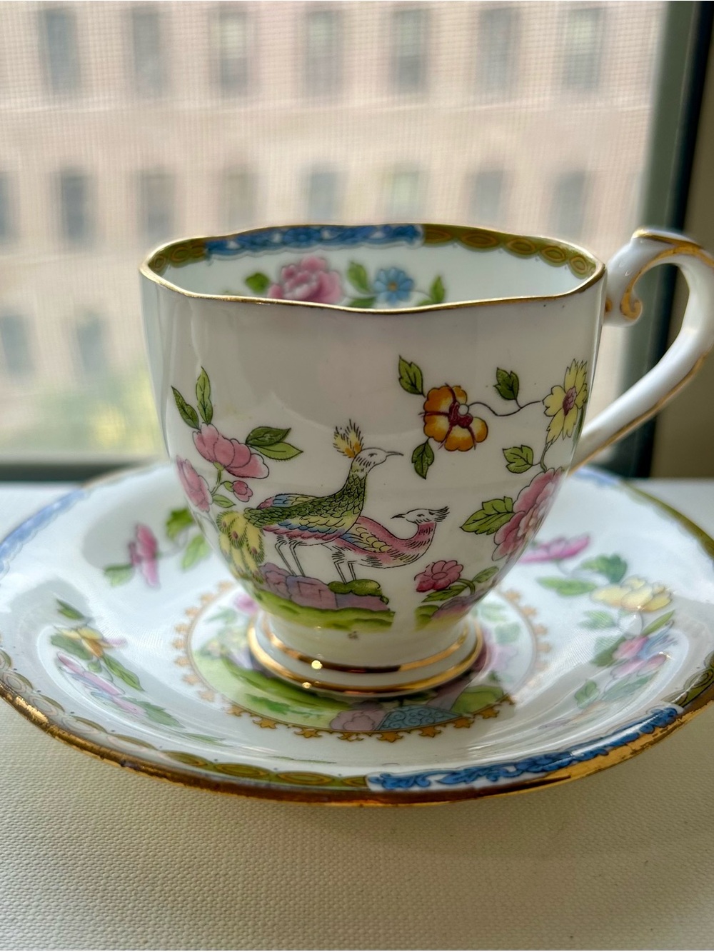 Grafton Peacock Teacup & Saucer Set - White with Pink & Green
